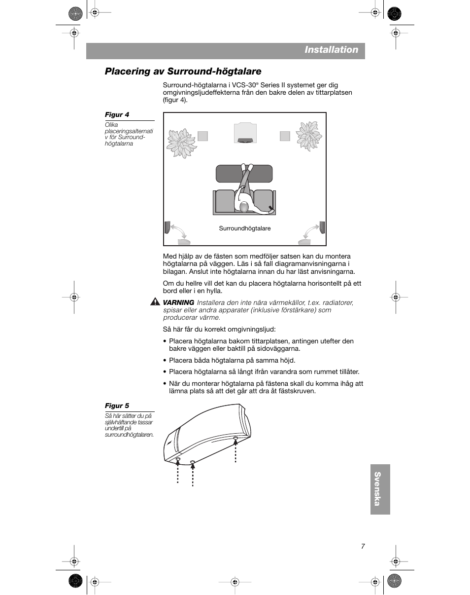 Installation, Placering av surround-högtalare | Bose VCS-10 User Manual | Page 105 / 116