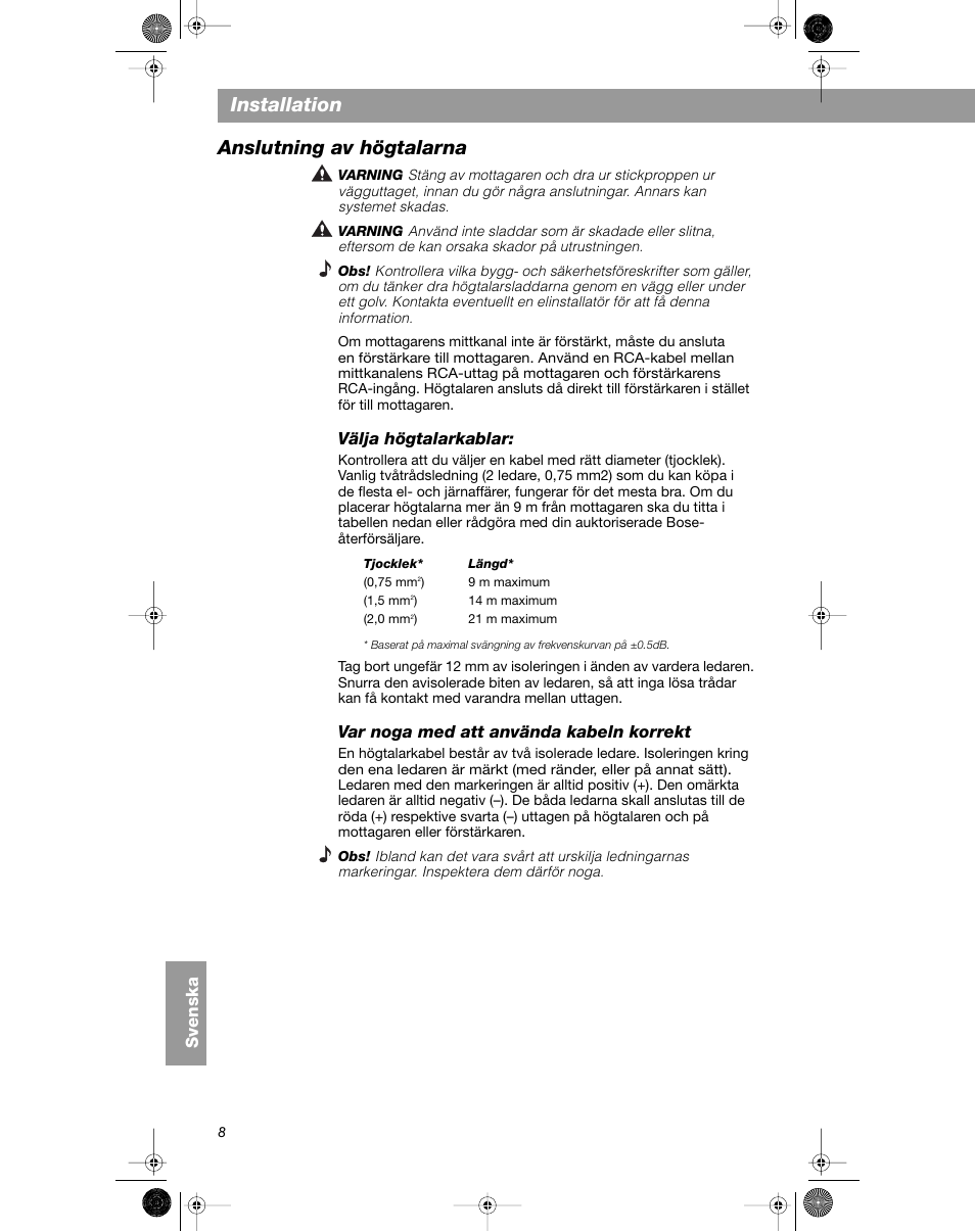 Installation, Anslutning av högtalarna | Bose VCS-10 User Manual | Page 106 / 116