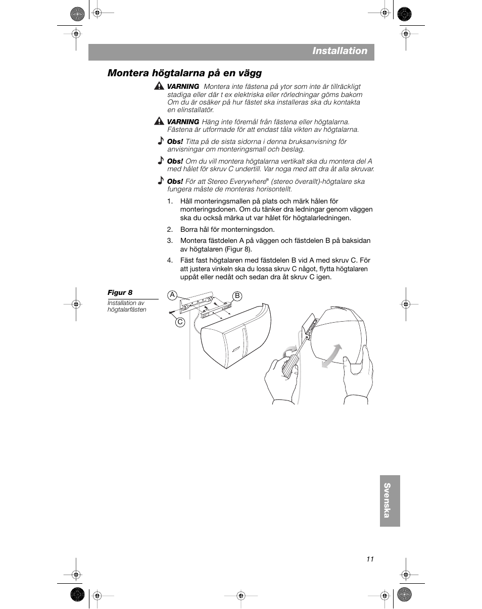 Installation, Montera högtalarna på en vägg | Bose VCS-10 User Manual | Page 109 / 116
