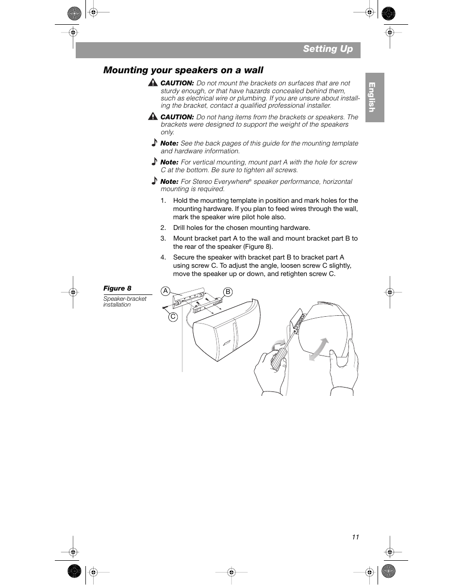 Setting up, Mounting your speakers on a wall | Bose VCS-10 User Manual | Page 11 / 116