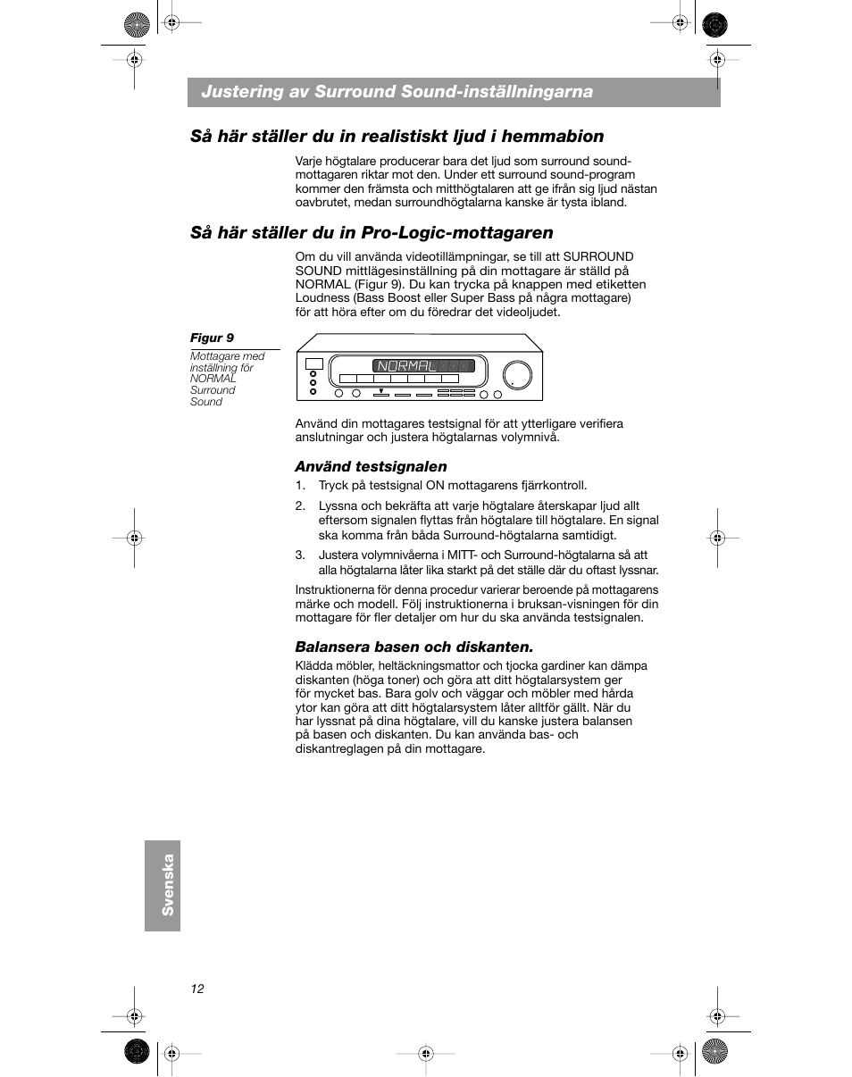 Så här ställer du in pro-logic-mottagaren | Bose VCS-10 User Manual | Page 110 / 116