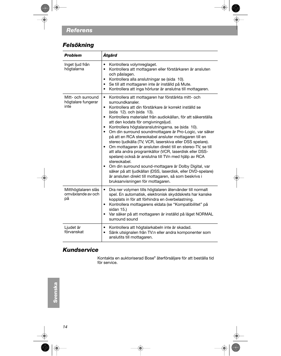 Referens felsökning kundservice | Bose VCS-10 User Manual | Page 112 / 116