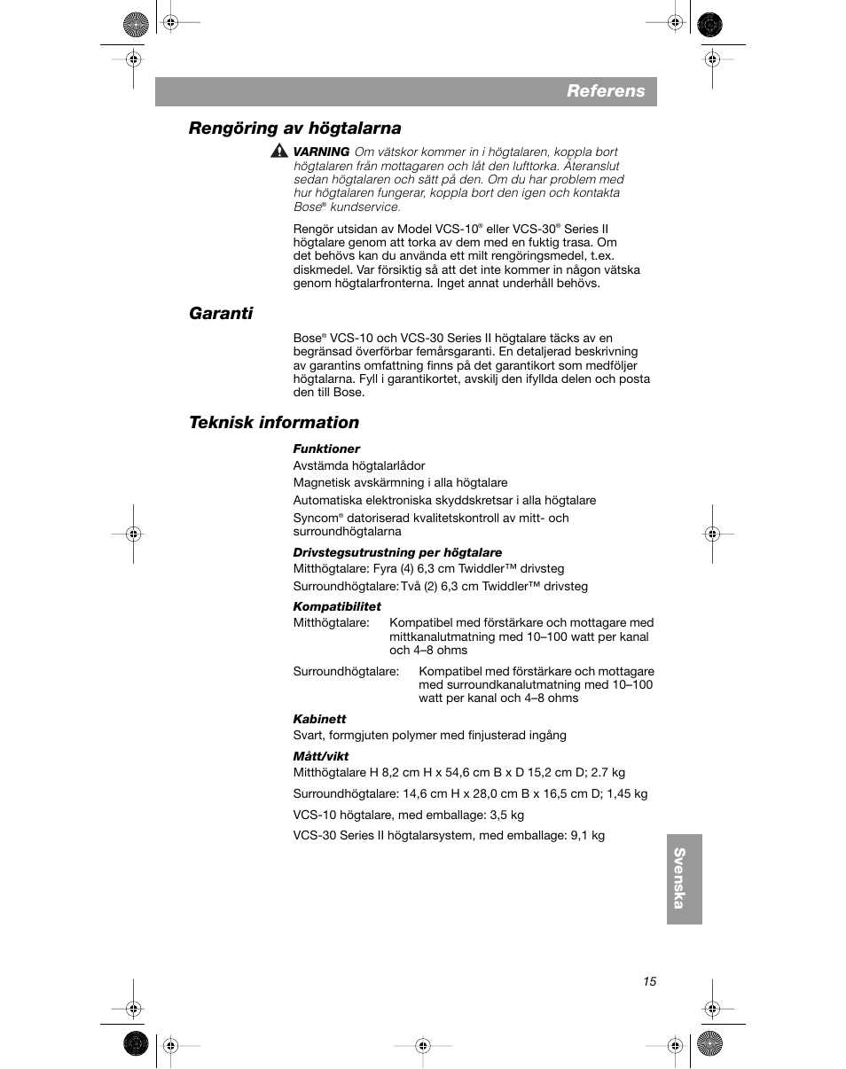 Referens, Rengöring av högtalarna, Garanti | Teknisk information | Bose VCS-10 User Manual | Page 113 / 116