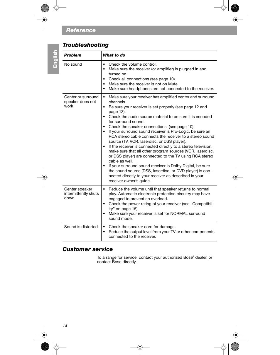 Reference troubleshooting customer service | Bose VCS-10 User Manual | Page 14 / 116