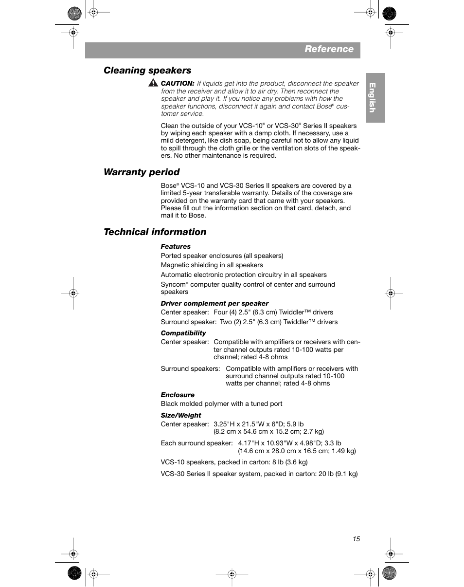 Reference, Cleaning speakers, Warranty period | Technical information | Bose VCS-10 User Manual | Page 15 / 116
