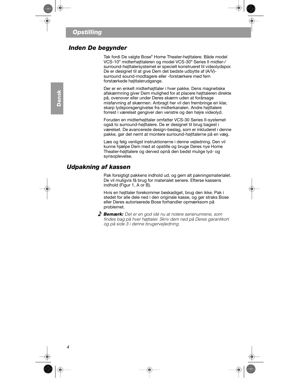 Opstilling inden de begynder, Udpakning af kassen | Bose VCS-10 User Manual | Page 18 / 116