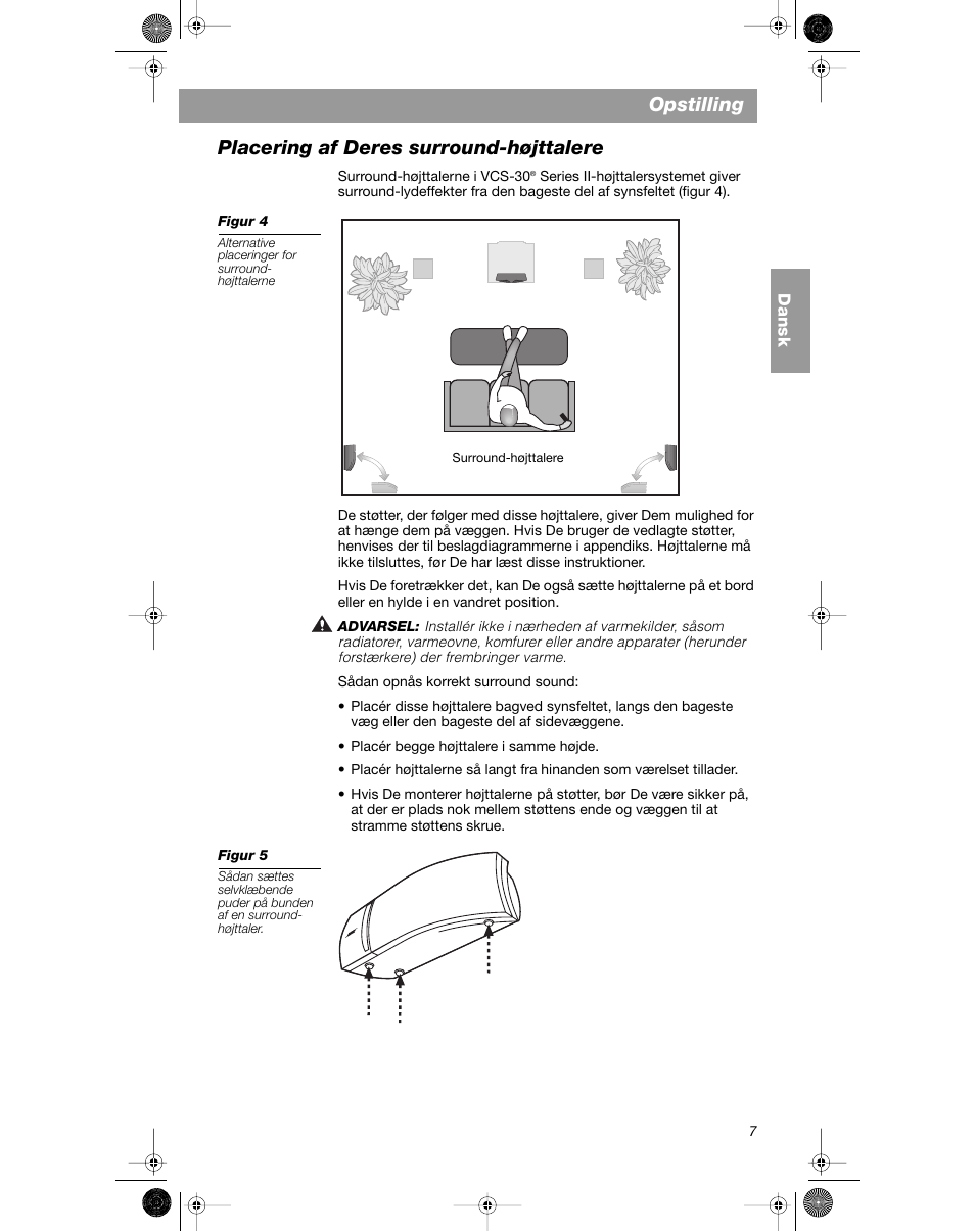 Opstilling, Placering af deres surround-højttalere | Bose VCS-10 User Manual | Page 21 / 116