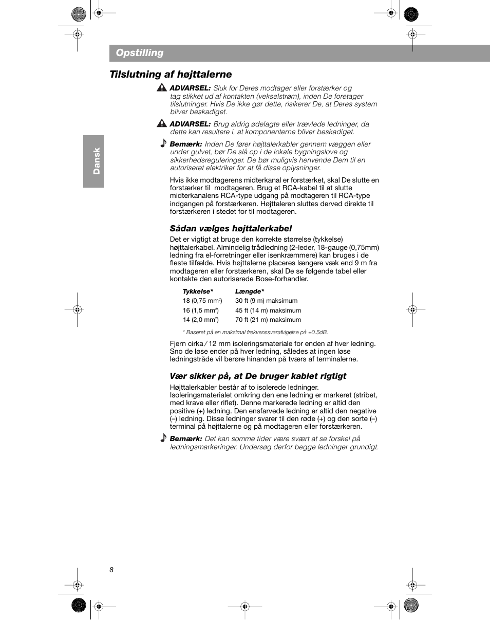Opstilling, Tilslutning af højttalerne | Bose VCS-10 User Manual | Page 22 / 116