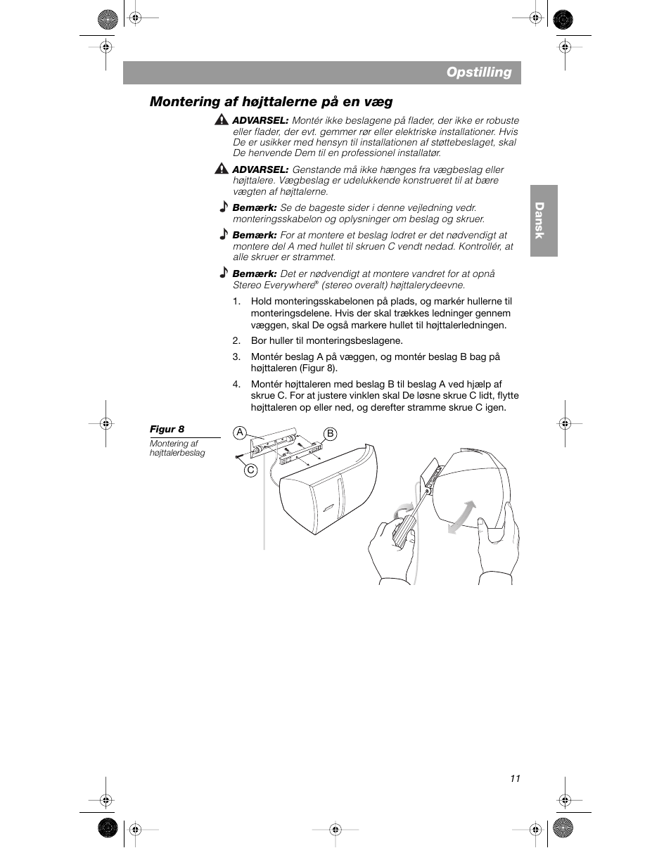 Opstilling, Montering af højttalerne på en væg | Bose VCS-10 User Manual | Page 25 / 116