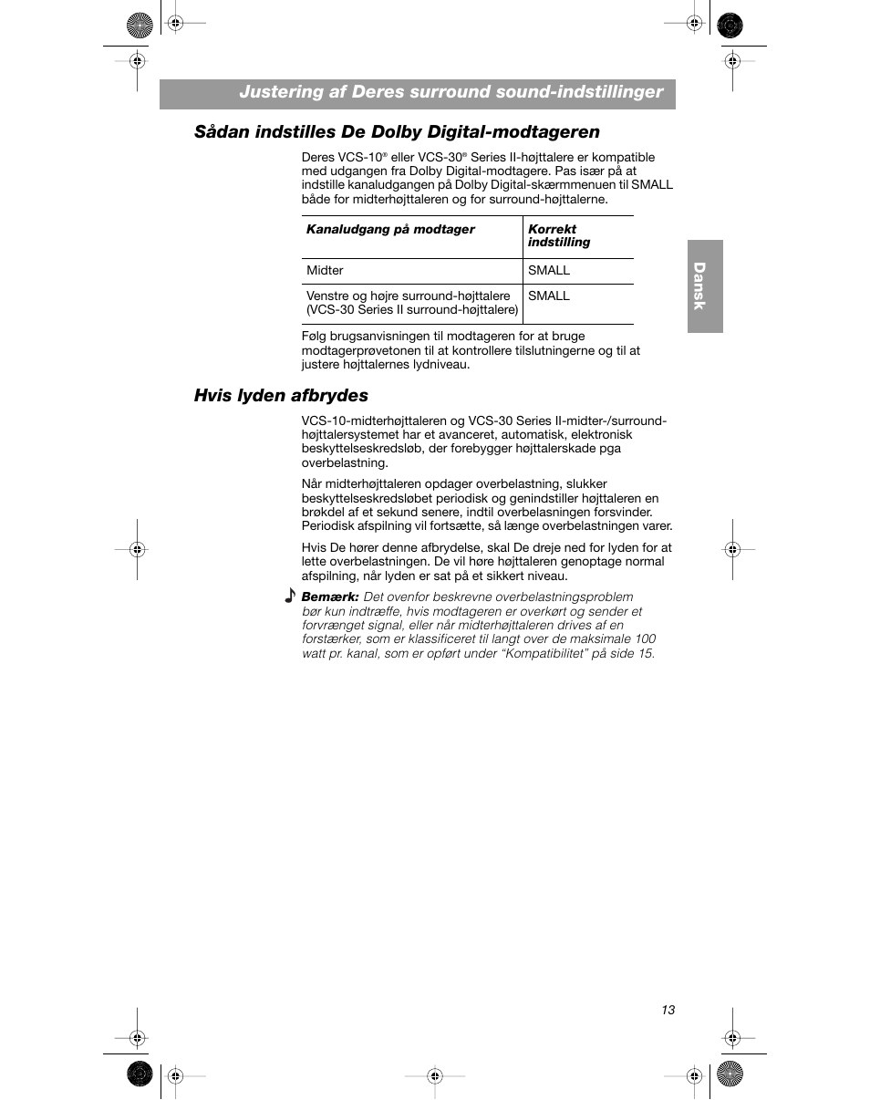 Justering af deres surround sound-indstillinger, Sådan indstilles de dolby digital-modtageren, Hvis lyden afbrydes | Bose VCS-10 User Manual | Page 27 / 116