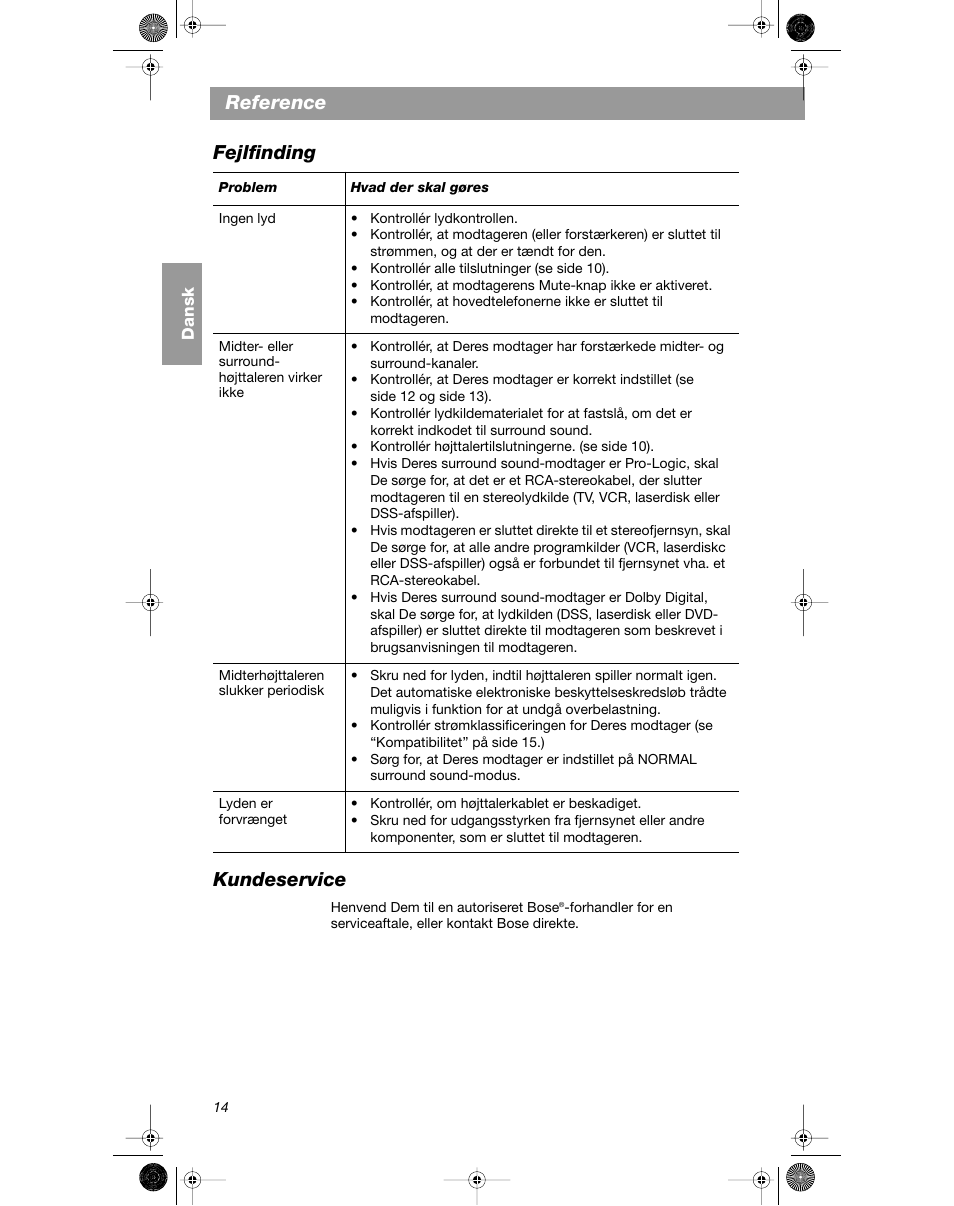Reference fejlfinding kundeservice | Bose VCS-10 User Manual | Page 28 / 116