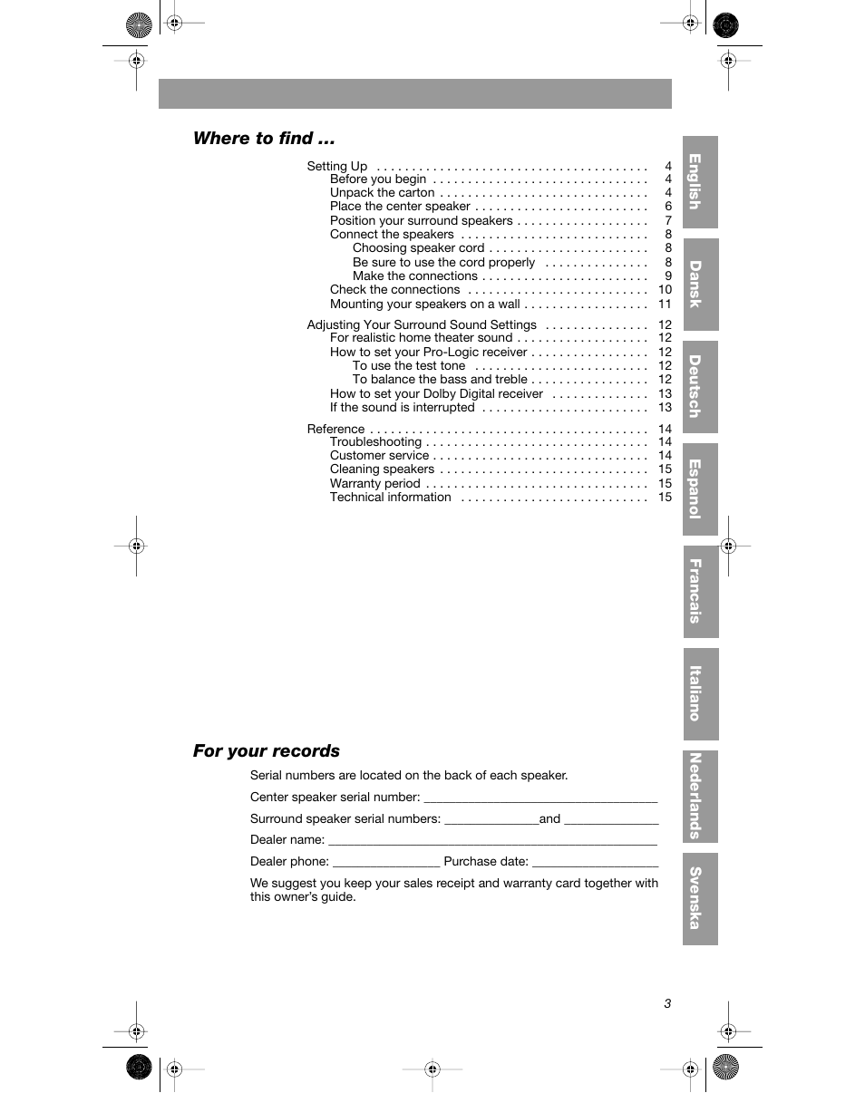 Where to find, For your records | Bose VCS-10 User Manual | Page 3 / 116