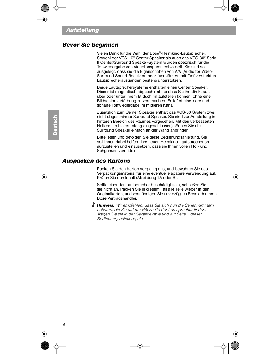 Aufstellung bevor sie beginnen, Auspacken des kartons | Bose VCS-10 User Manual | Page 32 / 116
