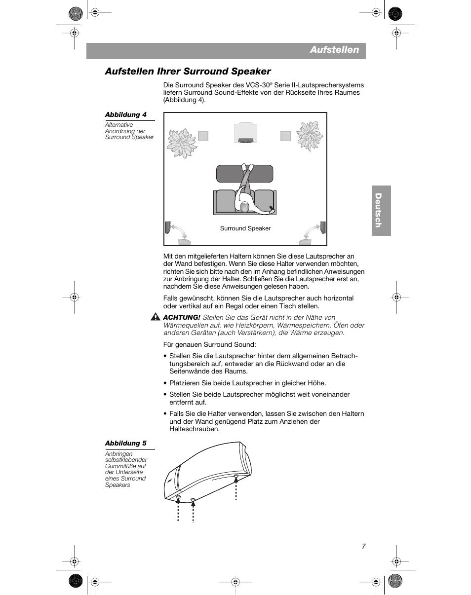 Aufstellen, Aufstellen ihrer surround speaker | Bose VCS-10 User Manual | Page 35 / 116