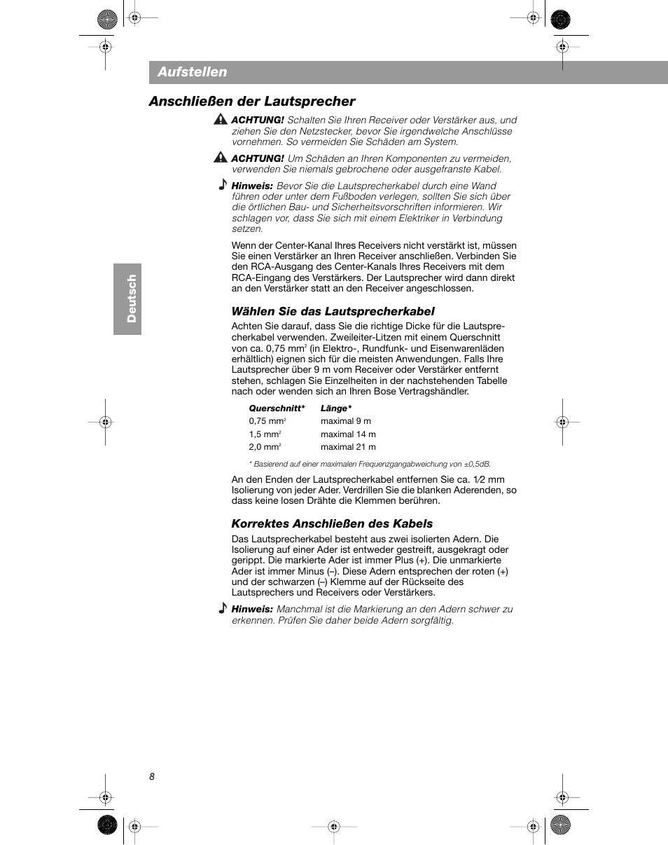 Aufstellen, Anschließen der lautsprecher, Deutsch | Wählen sie das lautsprecherkabel, Korrektes anschließen des kabels | Bose VCS-10 User Manual | Page 36 / 116