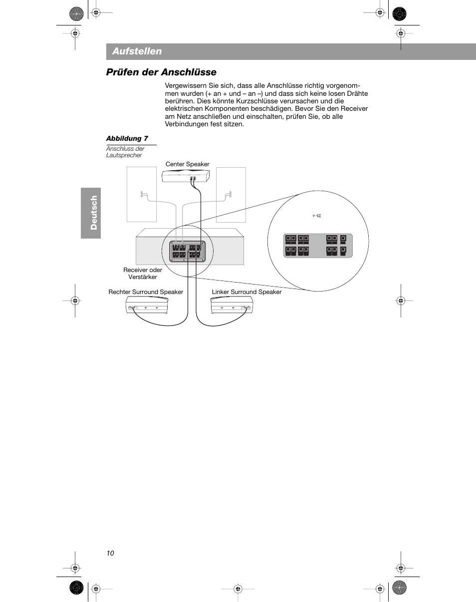 Aufstellen, Prüfen der anschlüsse, Deutsch | Bose VCS-10 User Manual | Page 38 / 116