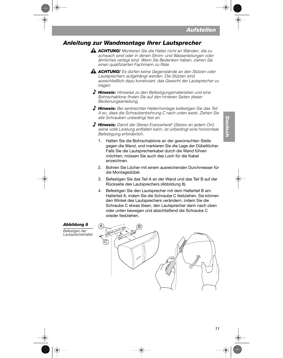 Aufstellen, Anleitung zur wandmontage ihrer lautsprecher | Bose VCS-10 User Manual | Page 39 / 116