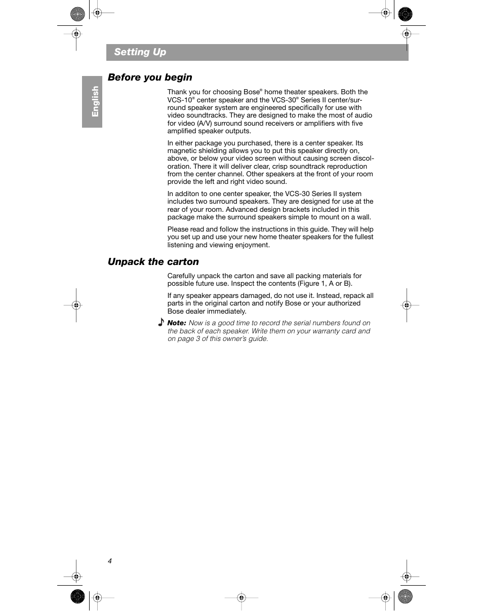 Setting up before you begin, Unpack the carton | Bose VCS-10 User Manual | Page 4 / 116