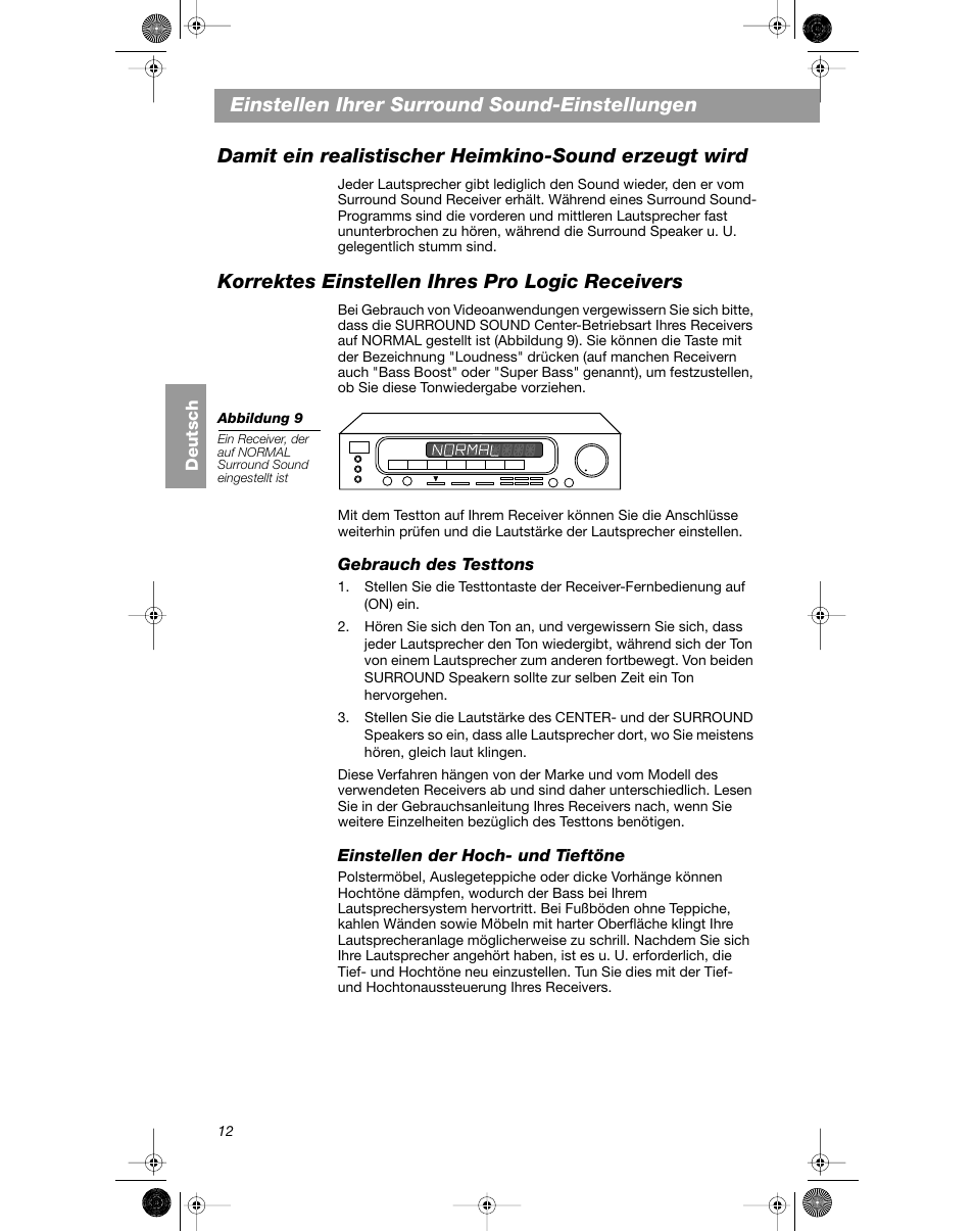 Korrektes einstellen ihres pro logic receivers | Bose VCS-10 User Manual | Page 40 / 116