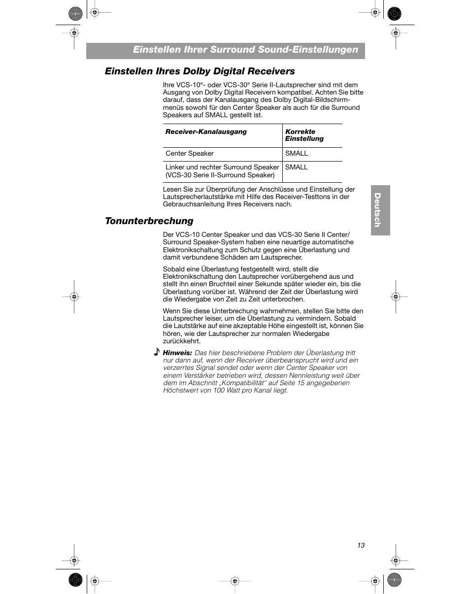 Einstellen ihrer surround sound-einstellungen, Einstellen ihres dolby digital receivers, Tonunterbrechung | Bose VCS-10 User Manual | Page 41 / 116