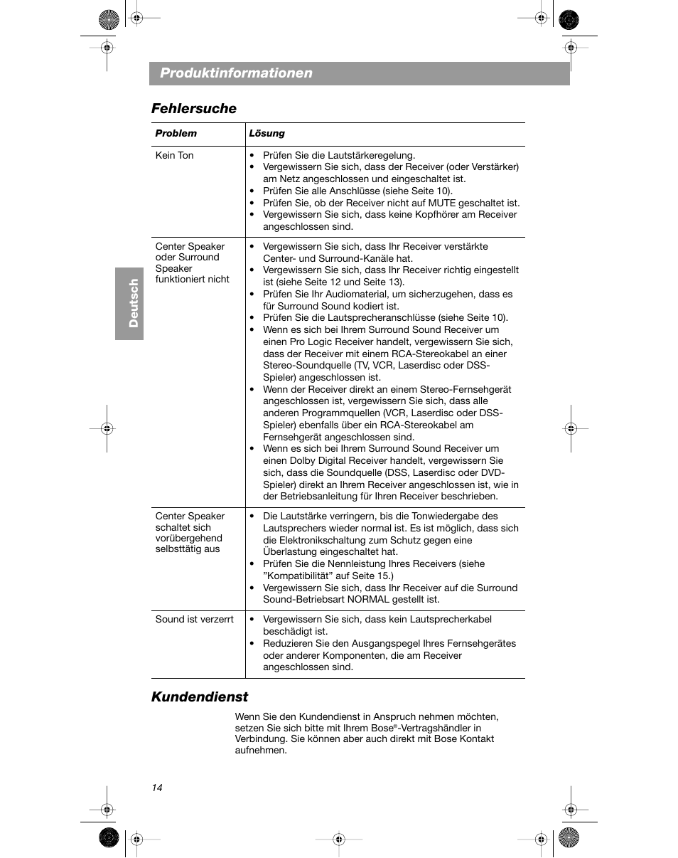 Produktinformationen fehlersuche kundendienst | Bose VCS-10 User Manual | Page 42 / 116