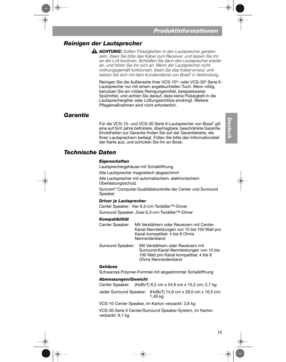 Produktinformationen, Reinigen der lautsprecher, Garantie | Technische daten | Bose VCS-10 User Manual | Page 43 / 116