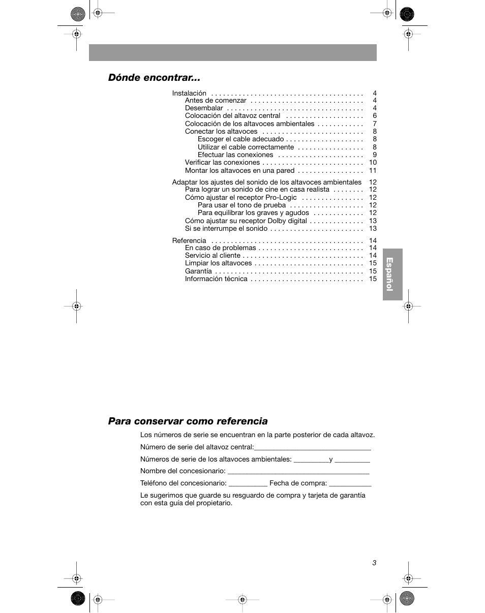 Dónde encontrar, Para conservar como referencia | Bose VCS-10 User Manual | Page 45 / 116