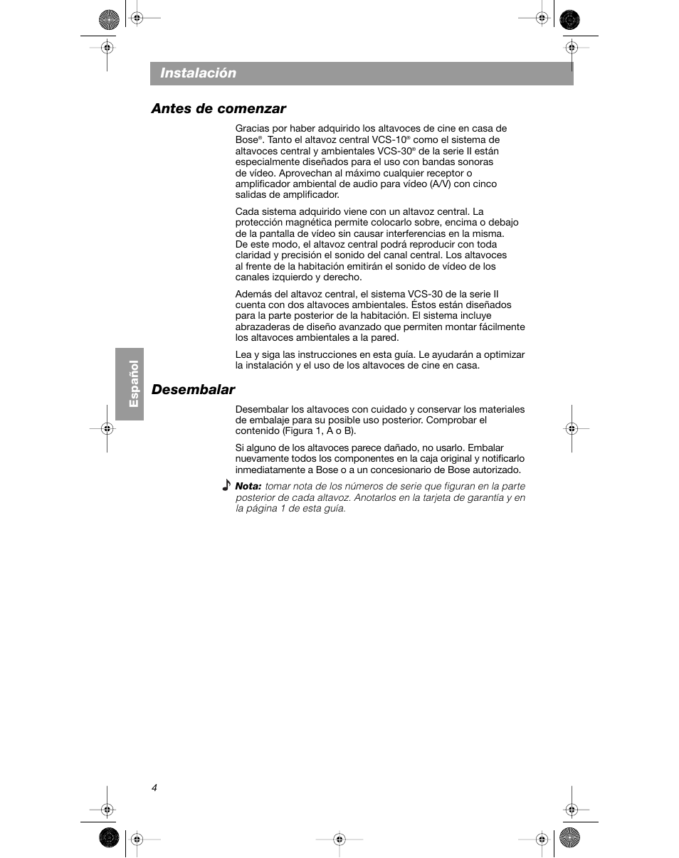 Instalación antes de comenzar, Desembalar | Bose VCS-10 User Manual | Page 46 / 116