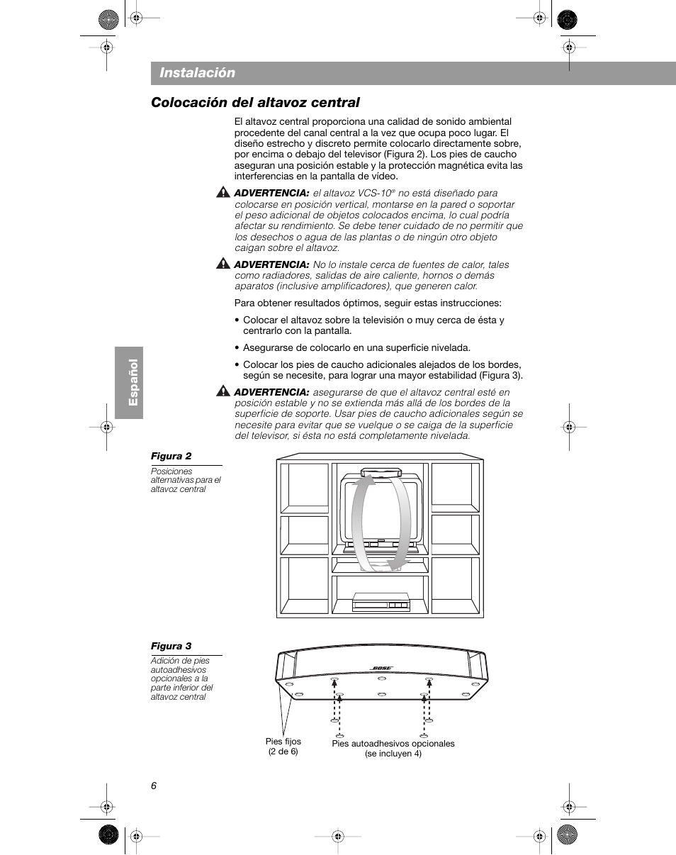 Instalación, Colocación del altavoz central | Bose VCS-10 User Manual | Page 48 / 116