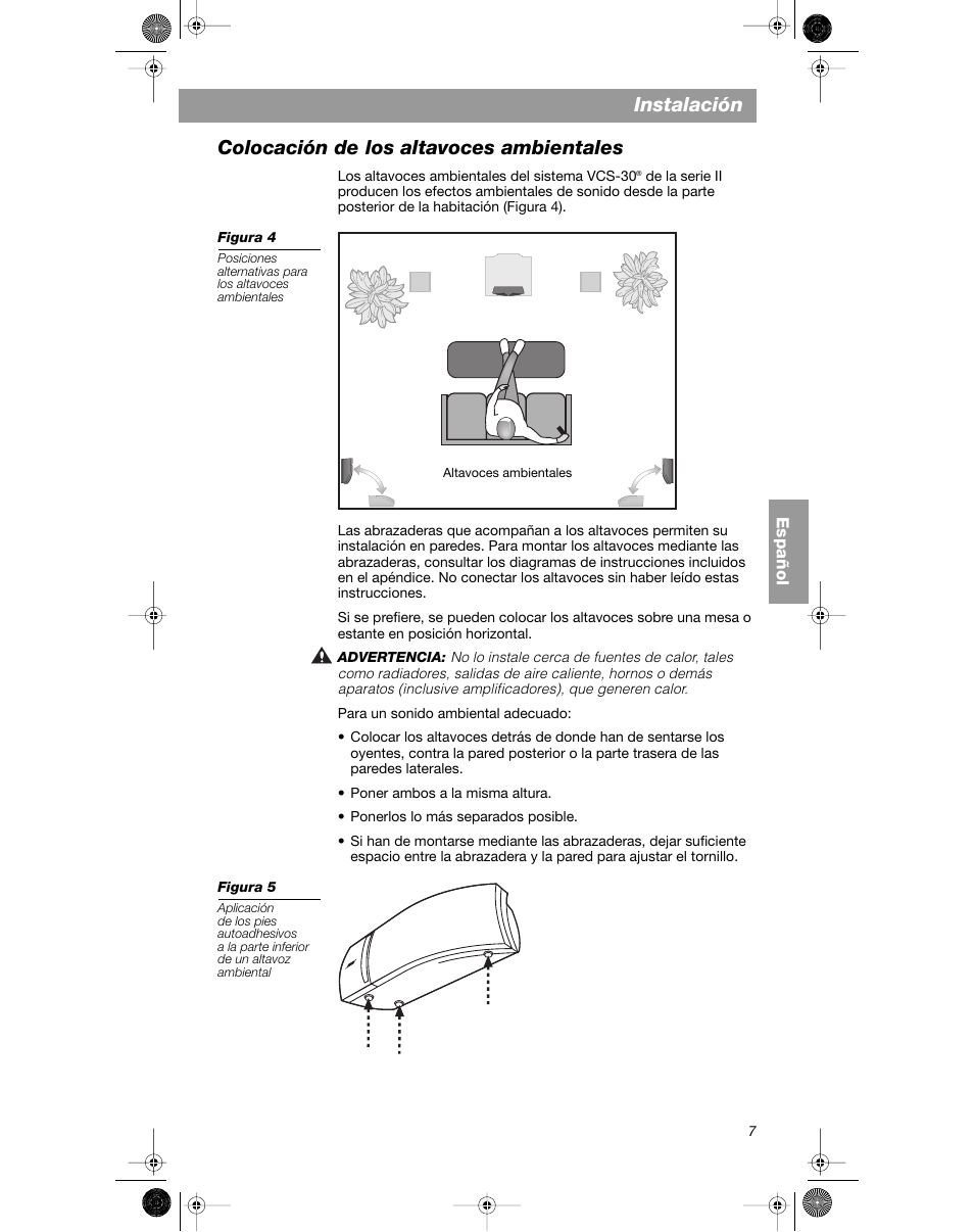 Instalación, Colocación de los altavoces ambientales | Bose VCS-10 User Manual | Page 49 / 116