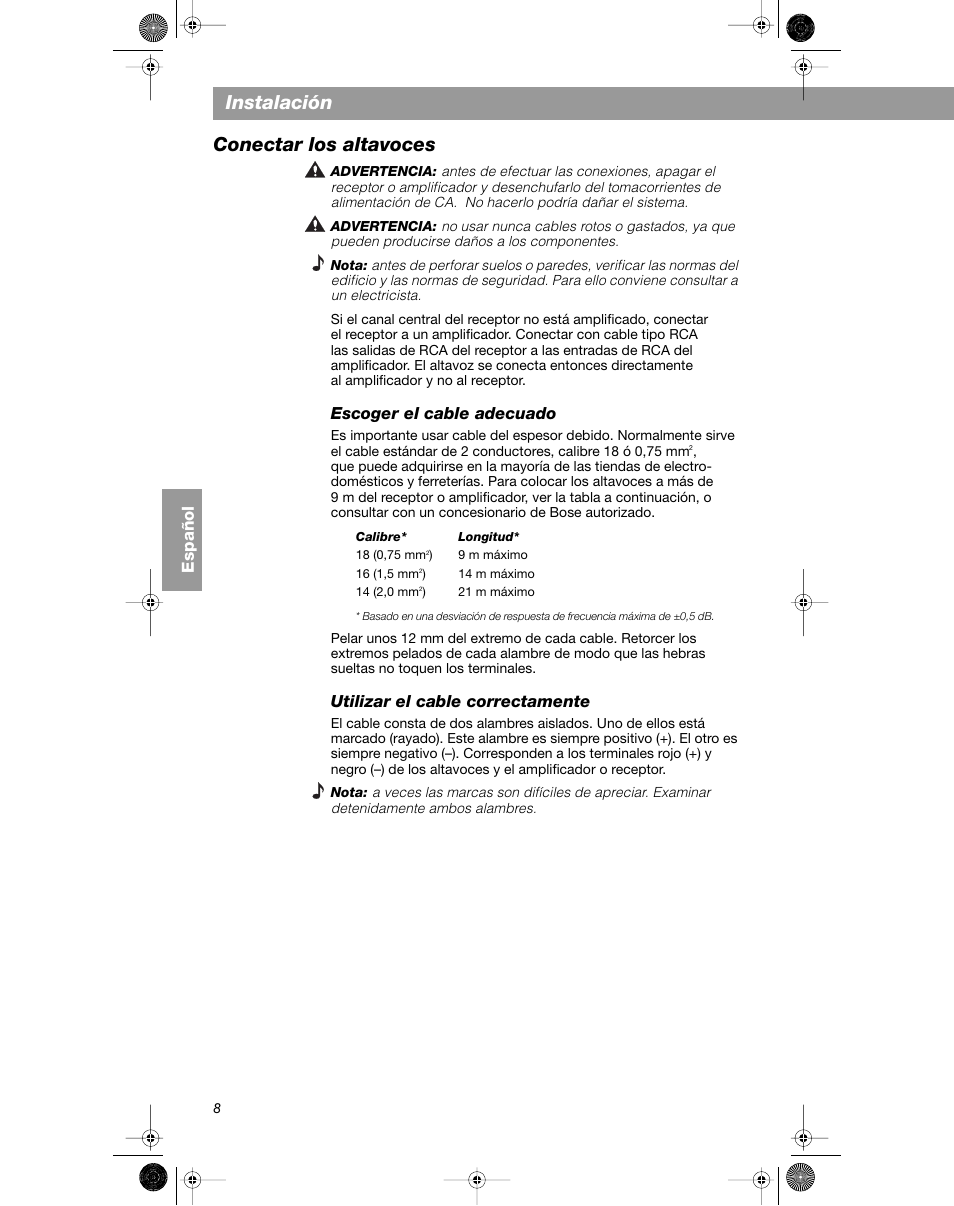 Instalación, Conectar los altavoces, Español | Escoger el cable adecuado, Utilizar el cable correctamente | Bose VCS-10 User Manual | Page 50 / 116
