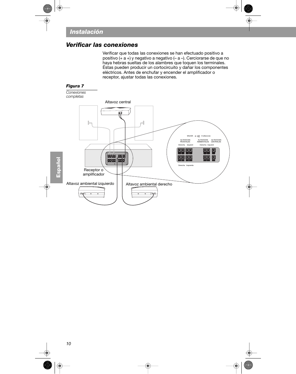 Instalación, Verificar las conexiones, Español | Conexiones completas | Bose VCS-10 User Manual | Page 52 / 116