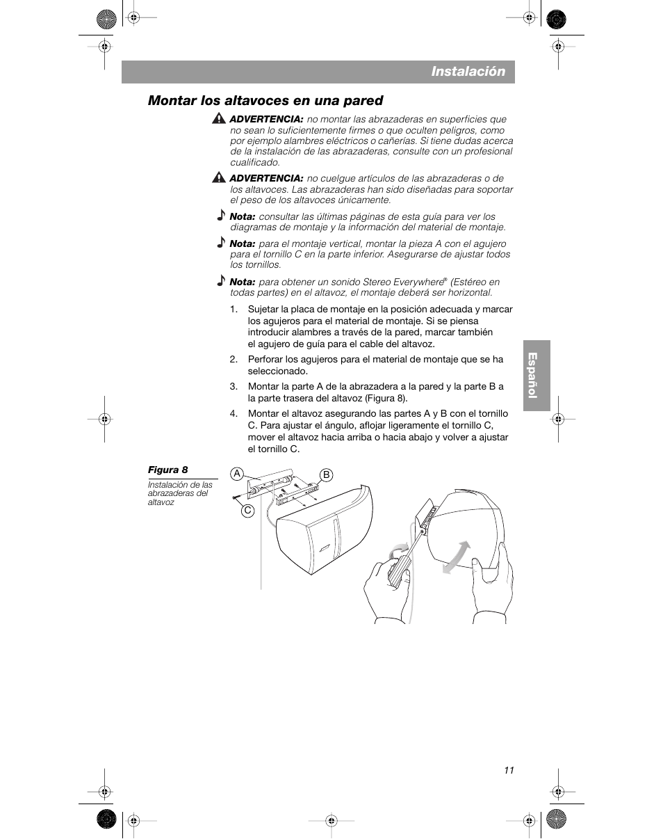 Instalación, Montar los altavoces en una pared | Bose VCS-10 User Manual | Page 53 / 116