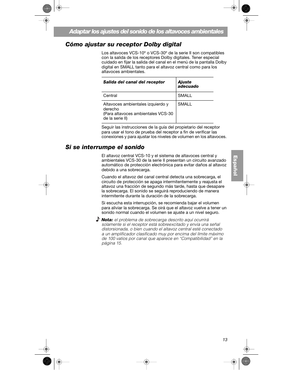 Cómo ajustar su receptor dolby digital, Si se interrumpe el sonido | Bose VCS-10 User Manual | Page 55 / 116