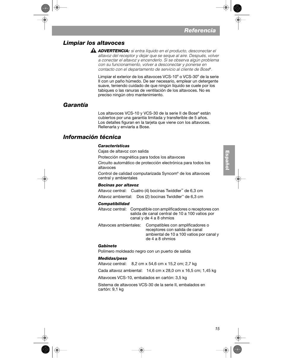 Referencia, Limpiar los altavoces, Garantía | Información técnica, Español | Bose VCS-10 User Manual | Page 57 / 116