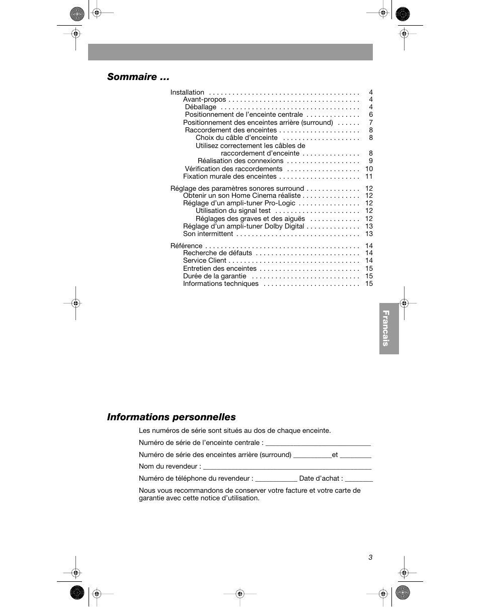 Sommaire, Informations personnelles | Bose VCS-10 User Manual | Page 59 / 116