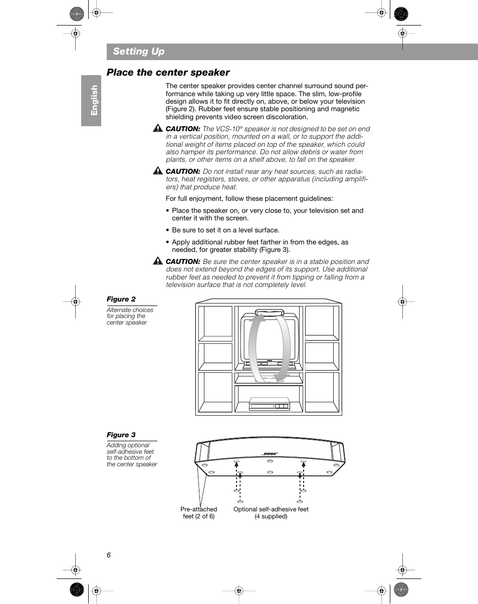 Setting up, Place the center speaker | Bose VCS-10 User Manual | Page 6 / 116