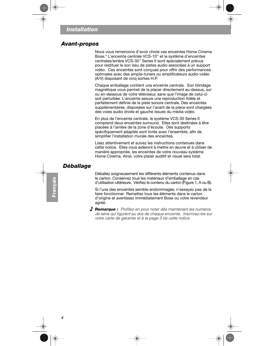 Installation avant-propos, Déballage | Bose VCS-10 User Manual | Page 60 / 116