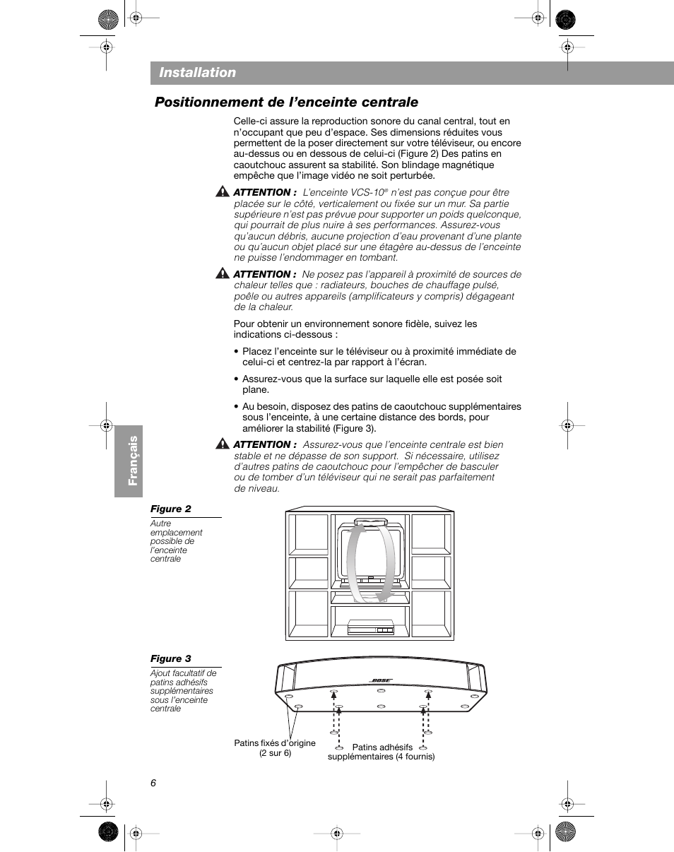 Installation, Positionnement de l’enceinte centrale | Bose VCS-10 User Manual | Page 62 / 116