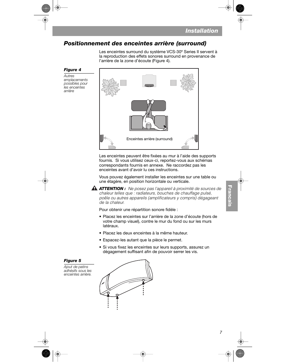 Installation, Positionnement des enceintes arrière (surround) | Bose VCS-10 User Manual | Page 63 / 116