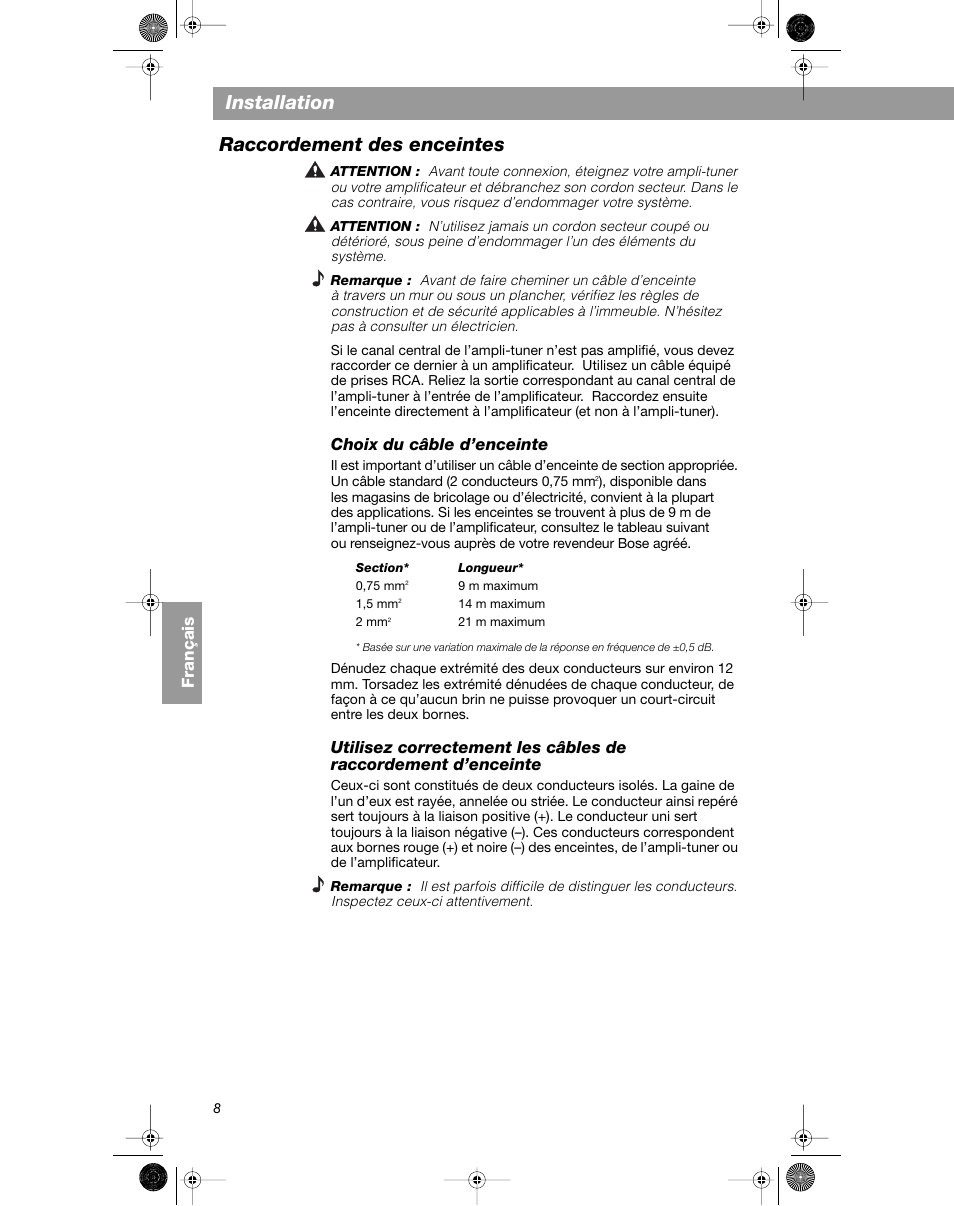 Installation, Raccordement des enceintes, Français | Choix du câble d’enceinte | Bose VCS-10 User Manual | Page 64 / 116