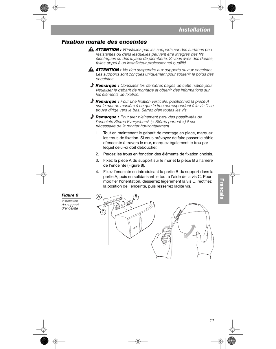 Installation, Fixation murale des enceintes | Bose VCS-10 User Manual | Page 67 / 116