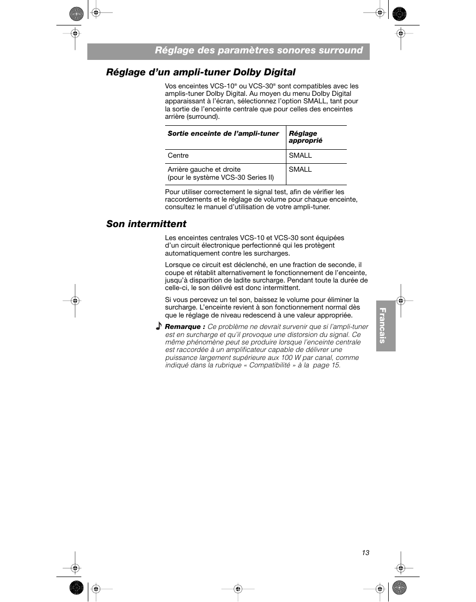 Réglage des paramètres sonores surround, Réglage d’un ampli-tuner dolby digital, Son intermittent | Bose VCS-10 User Manual | Page 69 / 116