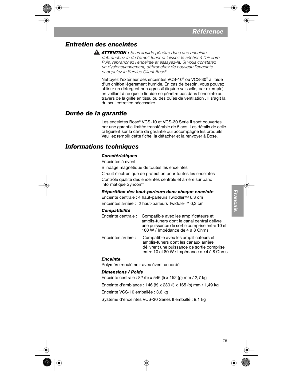 Référence, Entretien des enceintes, Durée de la garantie | Informations techniques | Bose VCS-10 User Manual | Page 71 / 116