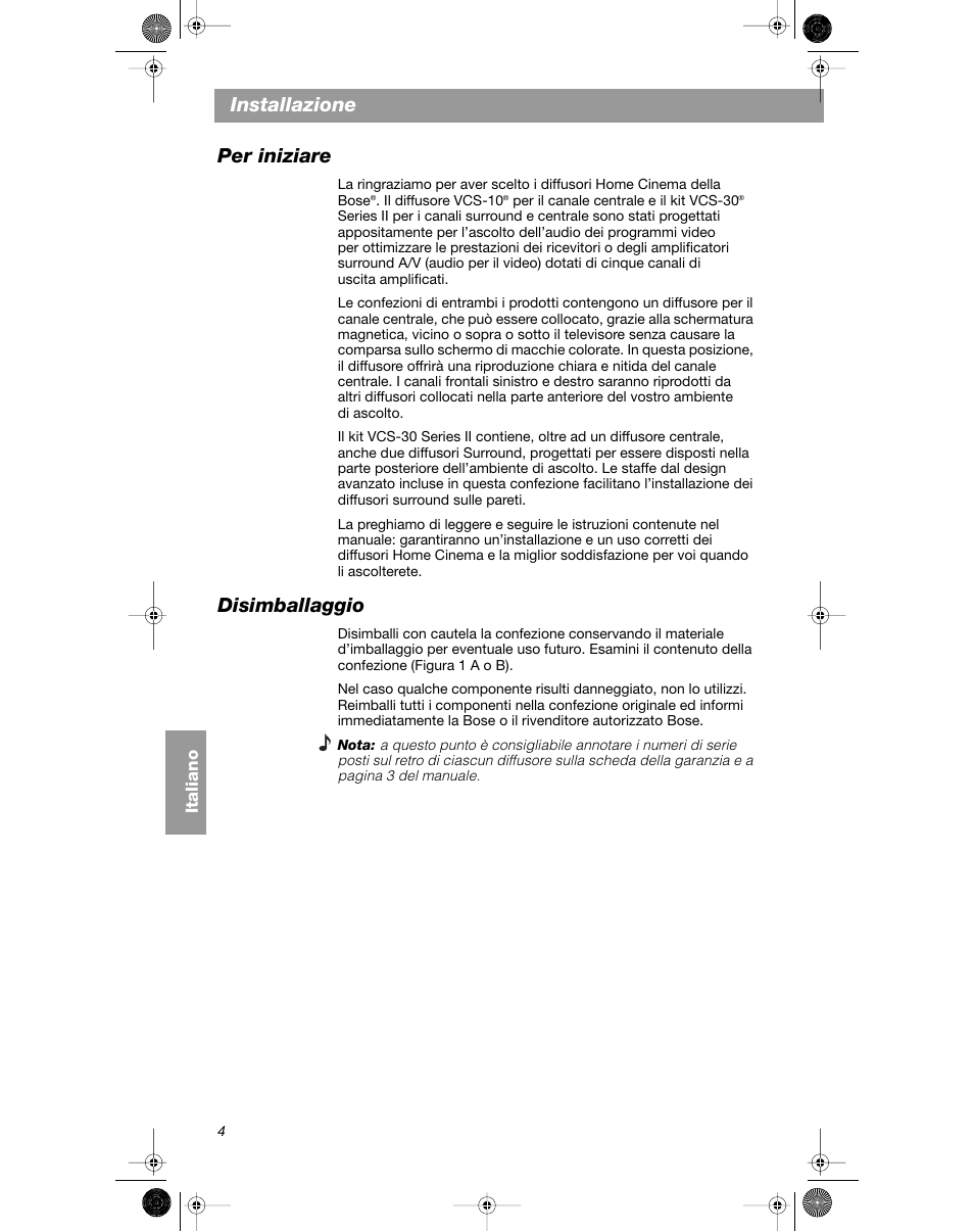 Installazione per iniziare, Disimballaggio | Bose VCS-10 User Manual | Page 74 / 116