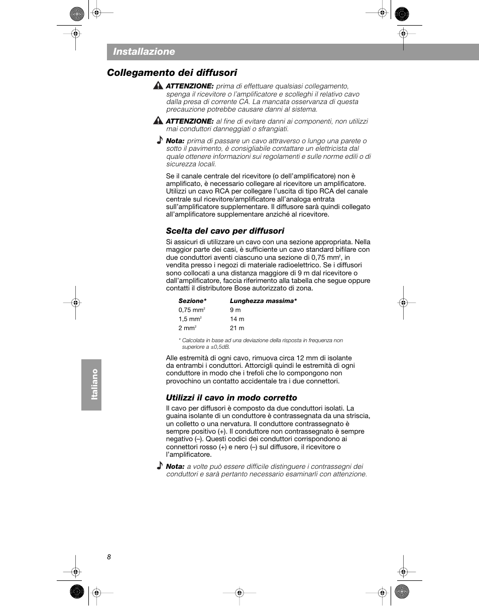 Installazione, Collegamento dei diffusori, Italiano | Scelta del cavo per diffusori, Utilizzi il cavo in modo corretto | Bose VCS-10 User Manual | Page 78 / 116