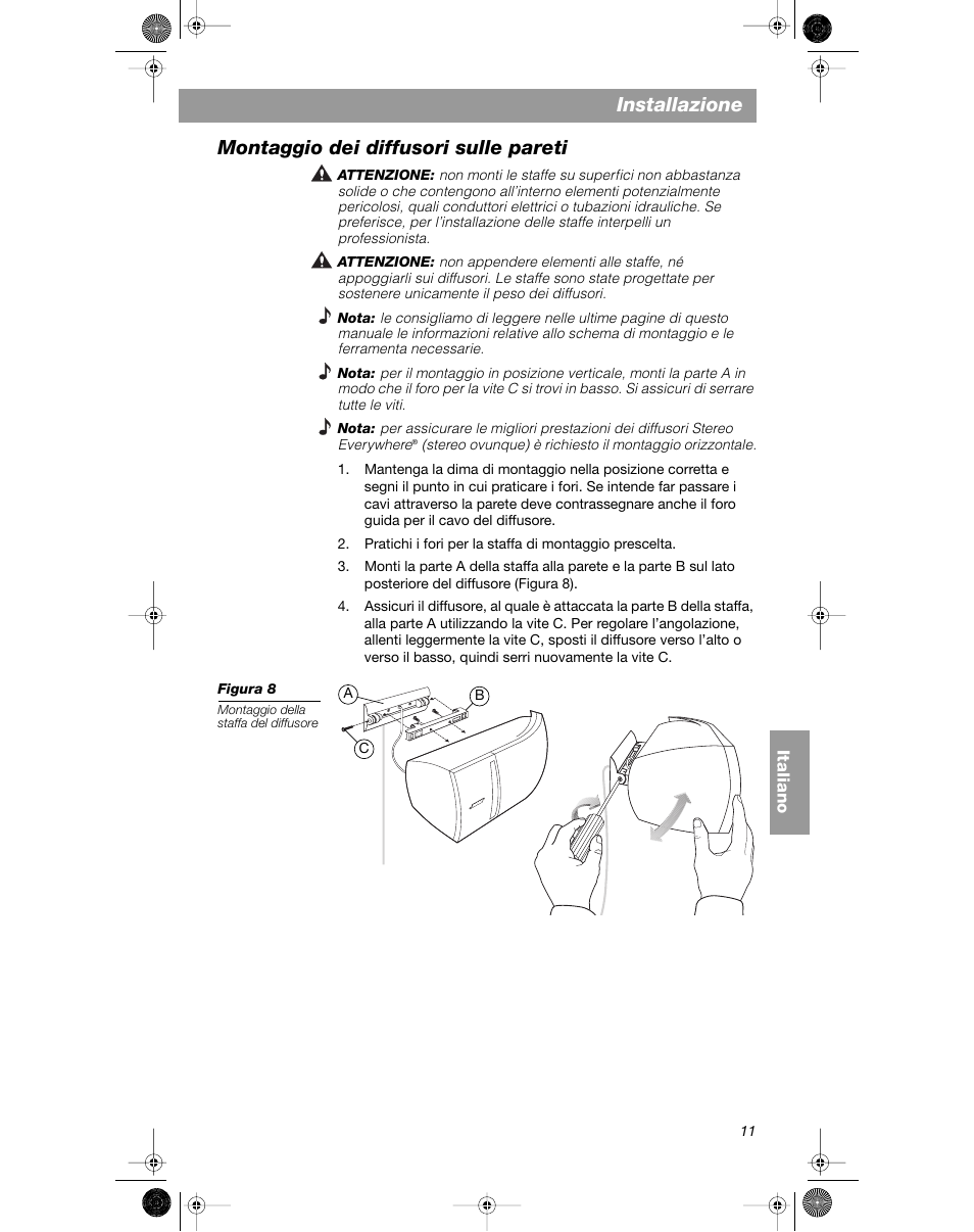 Installazione, Montaggio dei diffusori sulle pareti | Bose VCS-10 User Manual | Page 81 / 116