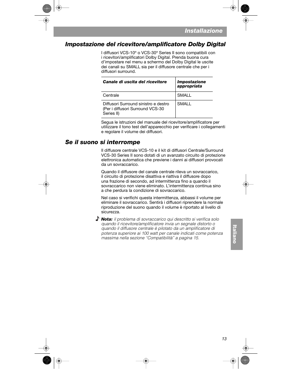 Installazione, Se il suono si interrompe | Bose VCS-10 User Manual | Page 83 / 116