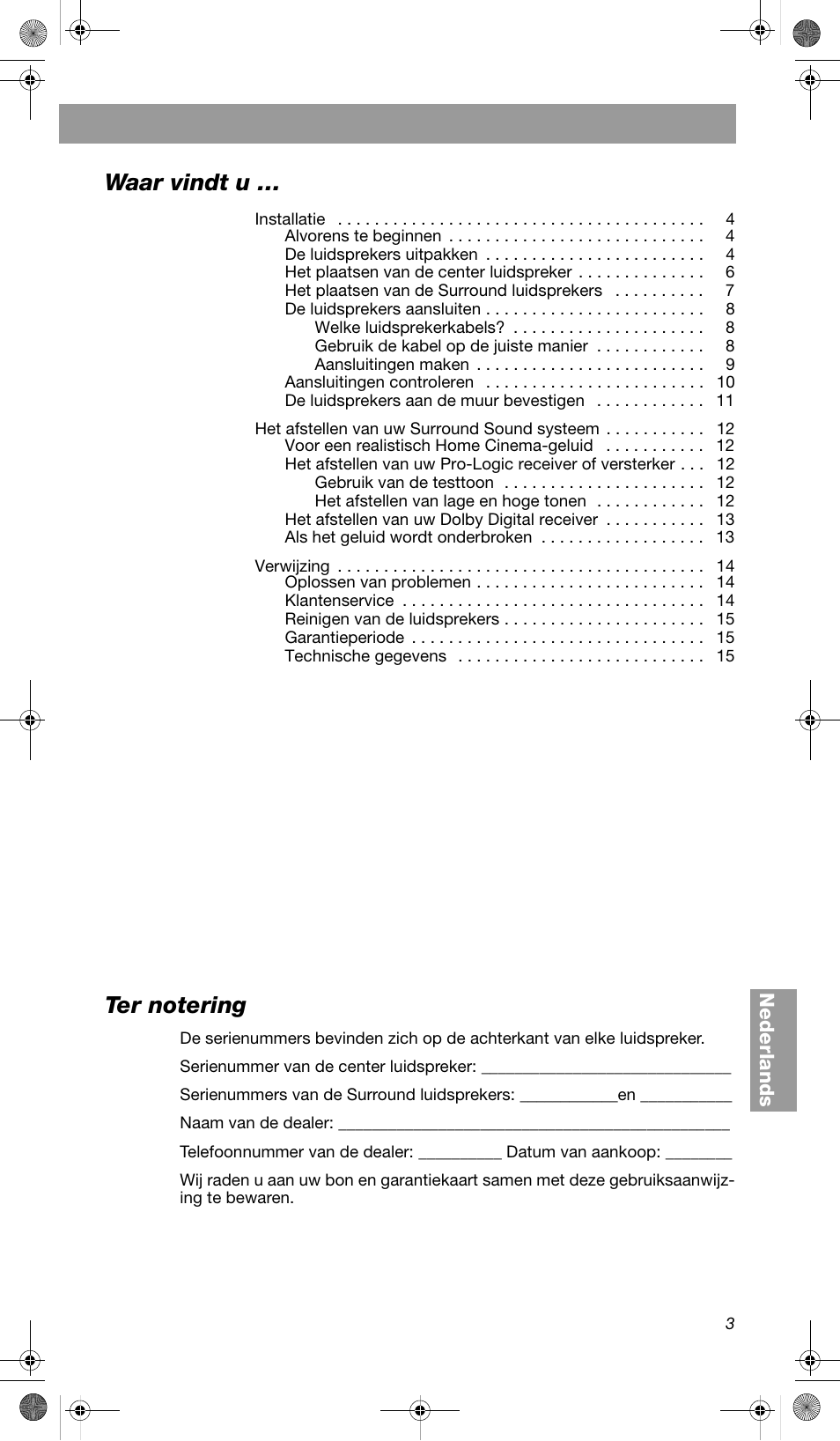 Waar vindt u, Ter notering | Bose VCS-10 User Manual | Page 87 / 116