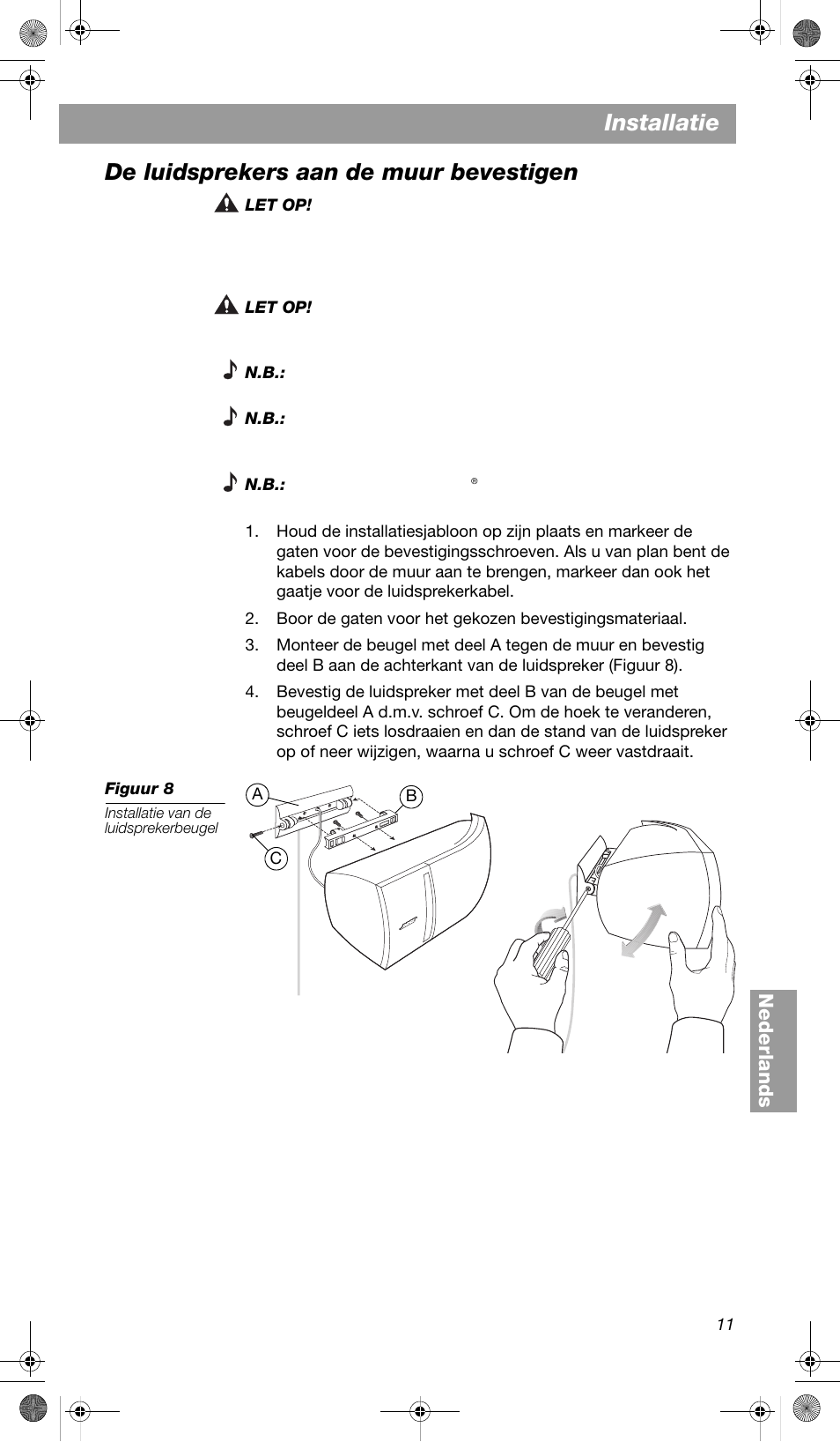 De luidsprekers aan de muur bevestigen, Installatie | Bose VCS-10 User Manual | Page 95 / 116